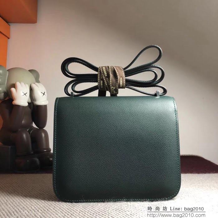 HERMES愛馬仕 空姐包 constance 英國綠 EPSOM 18cm 銀扣 蠟線縫製 單肩斜挎包  Ama1505